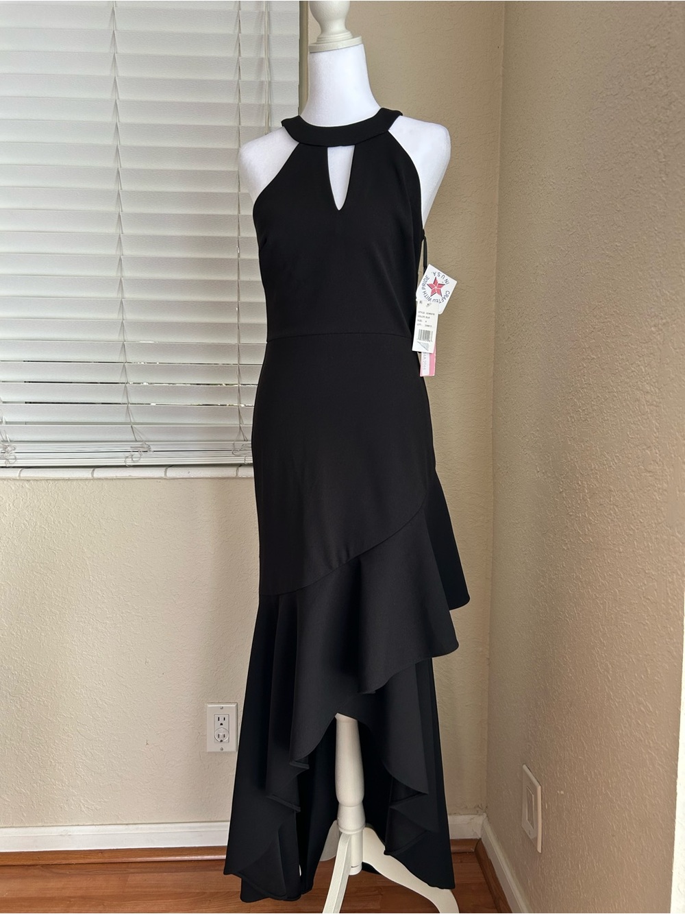 AQUA FORMAL Black High-Low Halter Ruffle Evening Dress